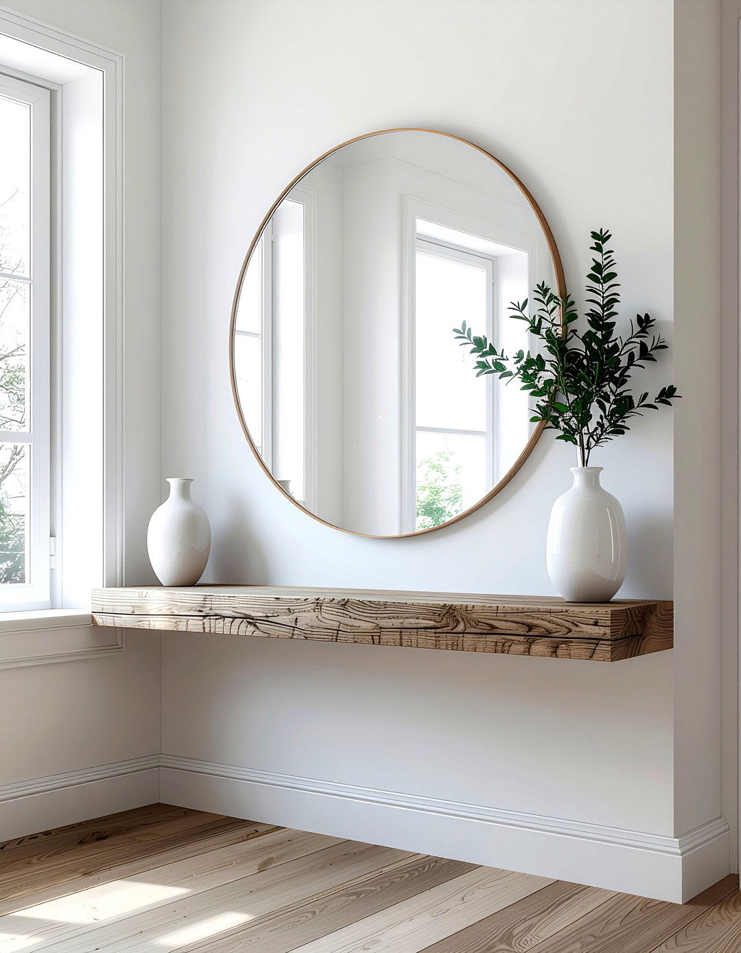 Round wall mirror - 30 floating shelf decor ideas