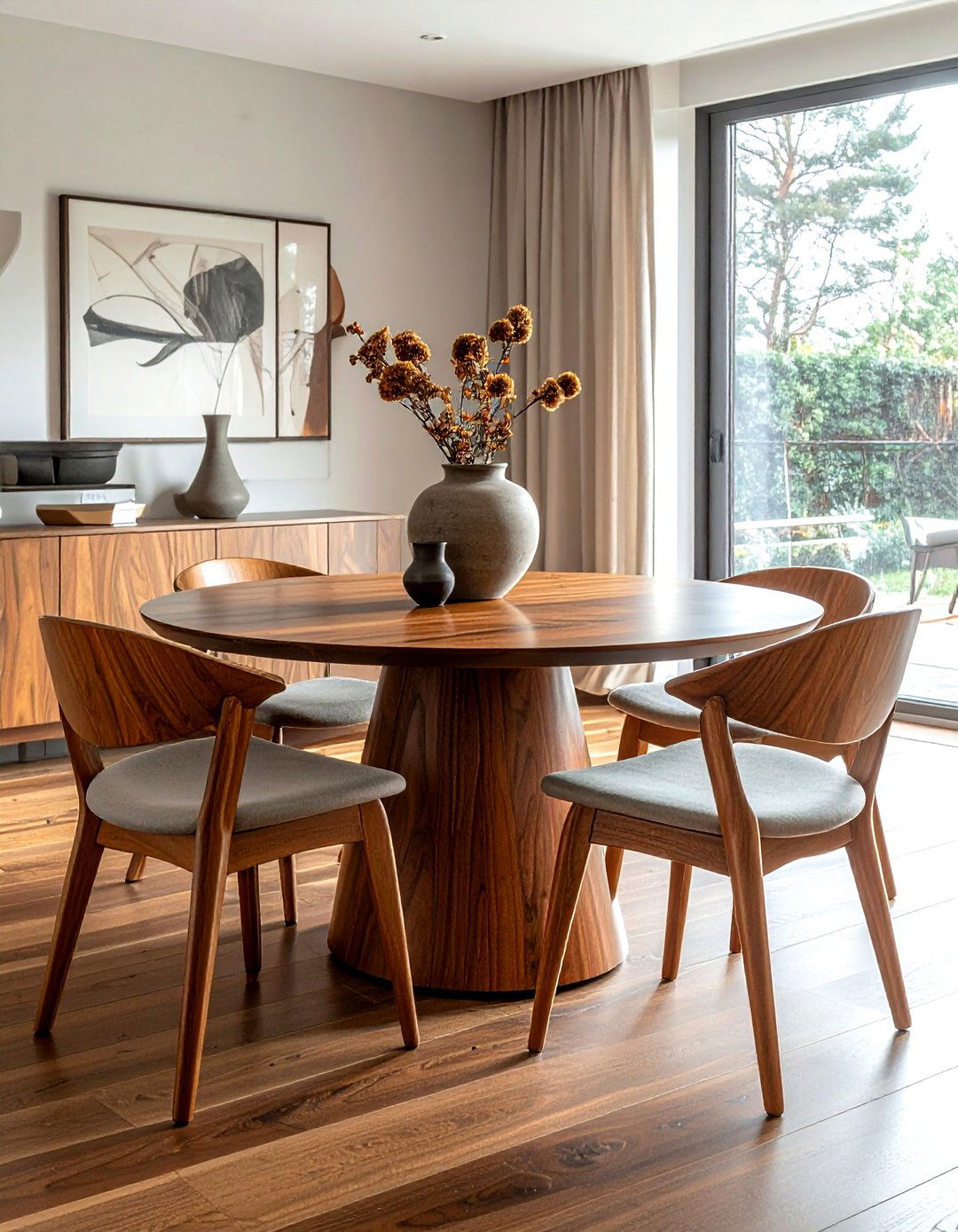 Round walnut dining table - 30 mid-century modern dining room ideas