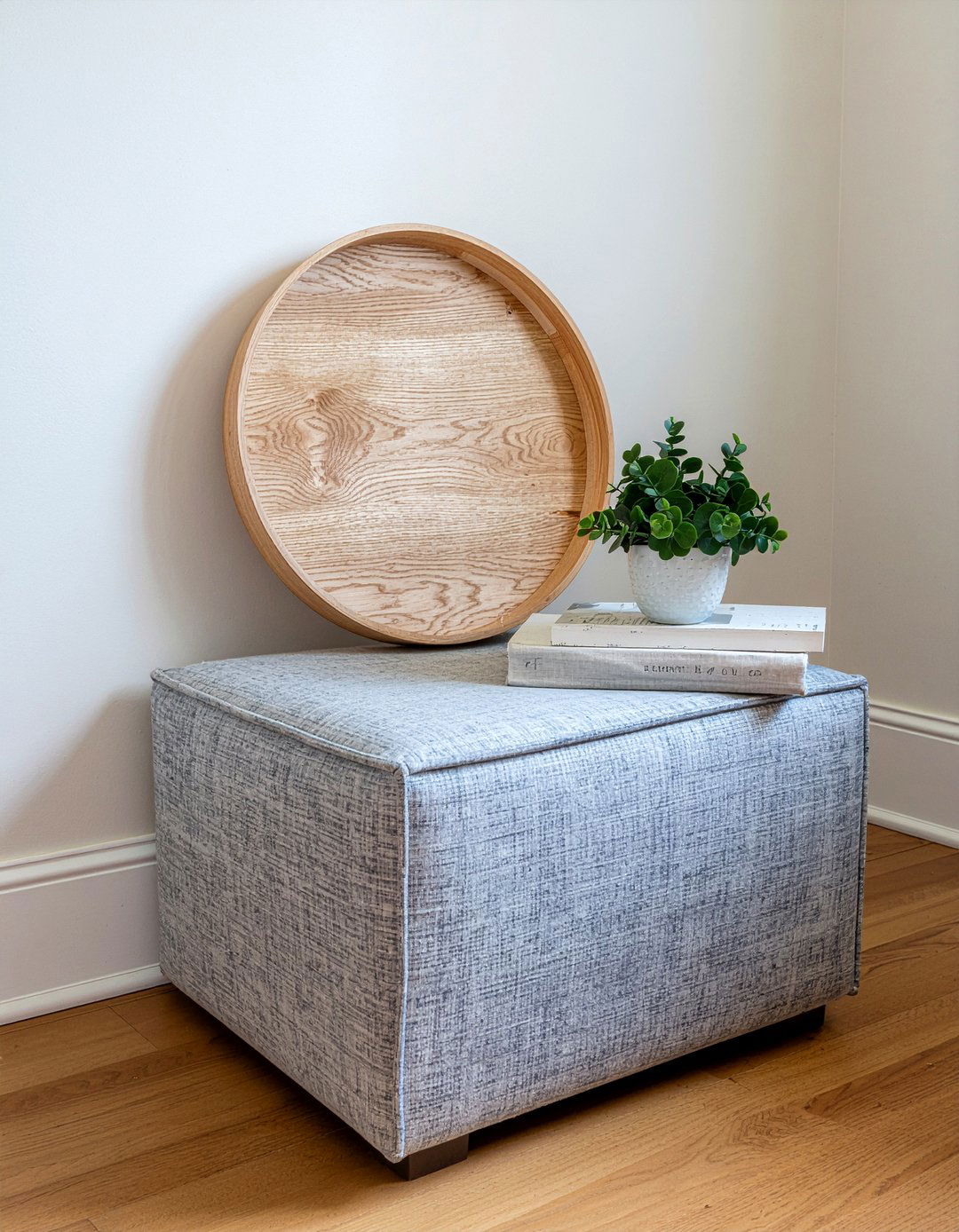 Round wood tray on square ottoman - 30 living room tray ottoman ideas