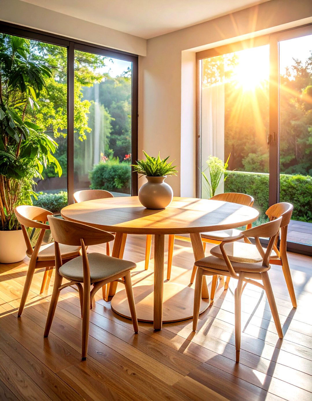 Round wooden breakfast table - 30 sunrise dining room ideas