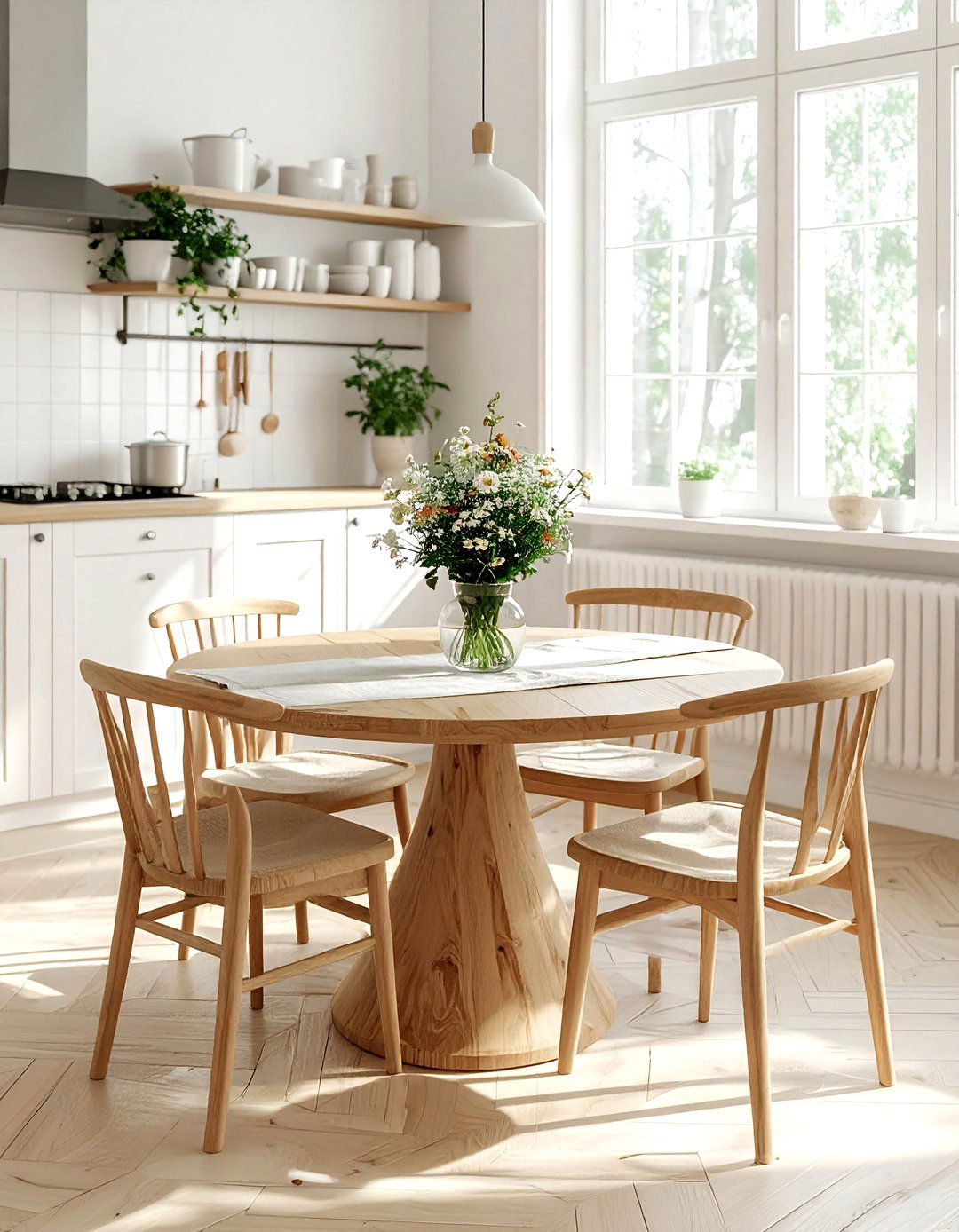 Round wooden dining table - 30 Nordic kitchen ideas