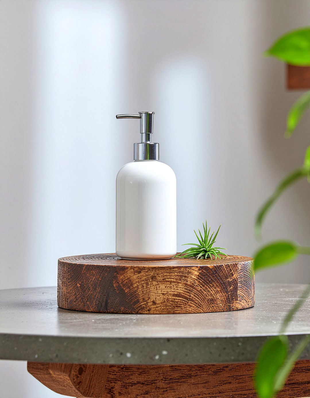 Round wooden pedestal - 30 bathroom countertop styling ideas