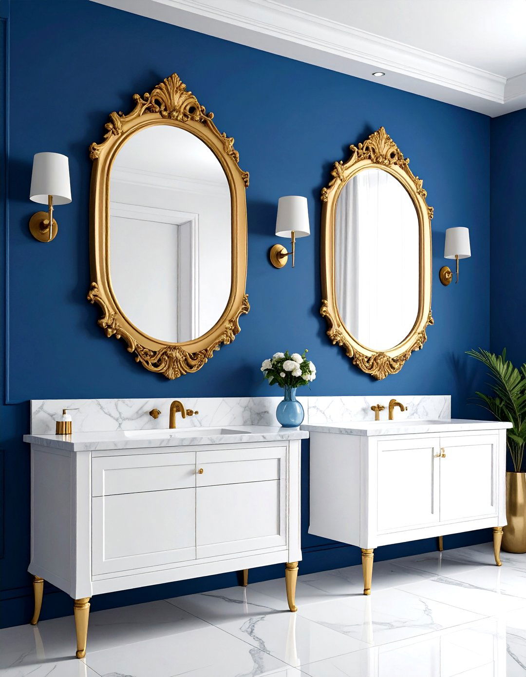 Royal Blue Wall Gold Mirror - 30 blue and gold bathroom ideas