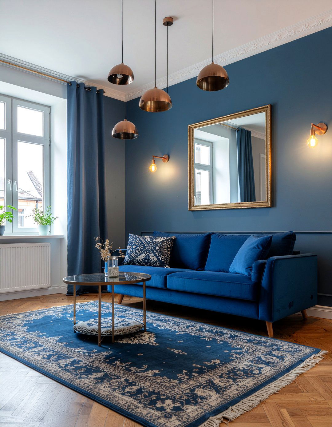 Royal blue and copper accents - 30 royal blue living room ideas
