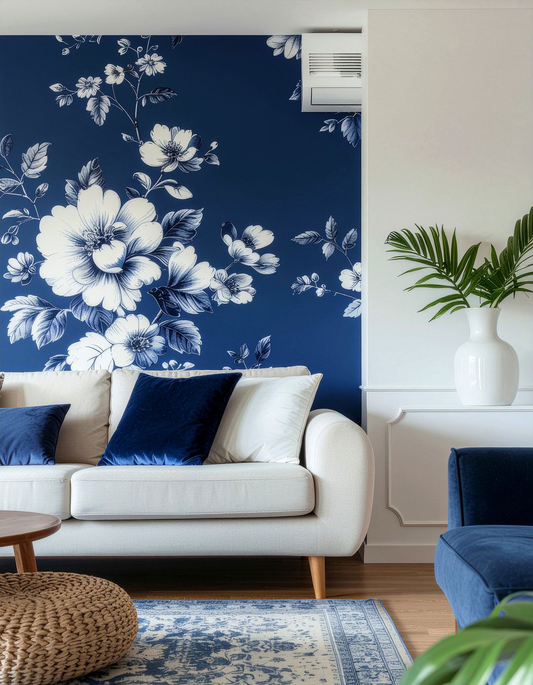 Royal blue floral wallpaper - 30 royal blue living room ideas
