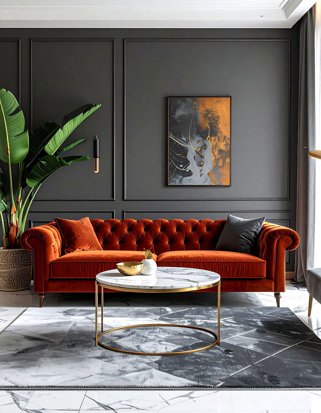 Rust Velvet Sofa - 30 orange decor ideas