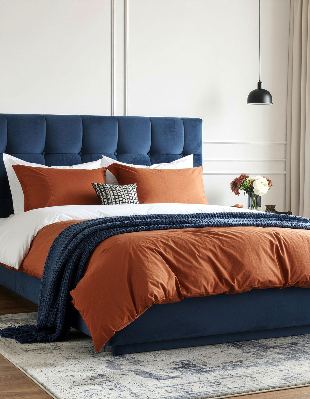 Rust and navy blue bedding - 30 rust bedroom ideas