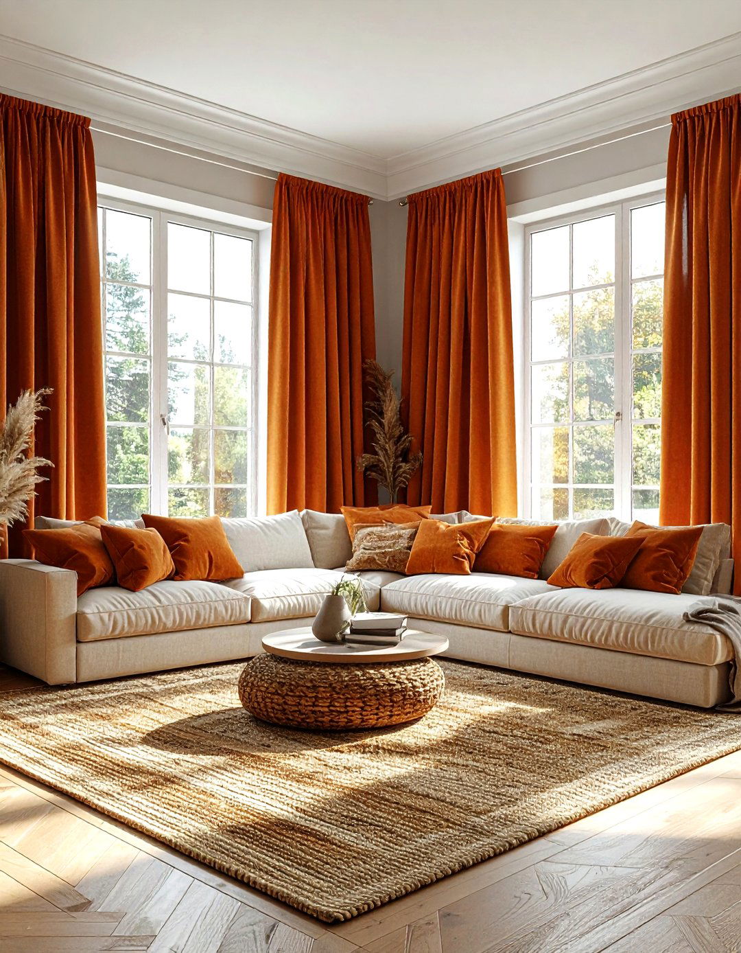 Rust orange curtains - 30 orange living room decor ideas