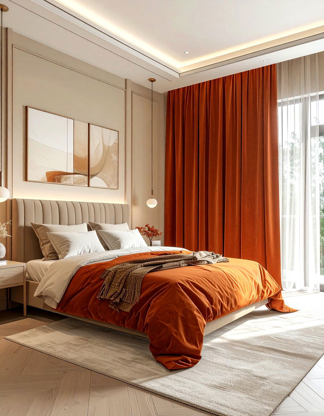 Rust orange curtains - 30 orange bedroom ideas