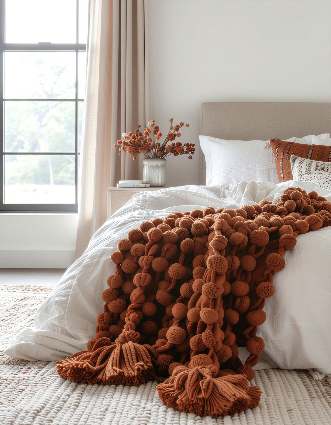 Rust pom pom blanket - 30 rust bedroom ideas