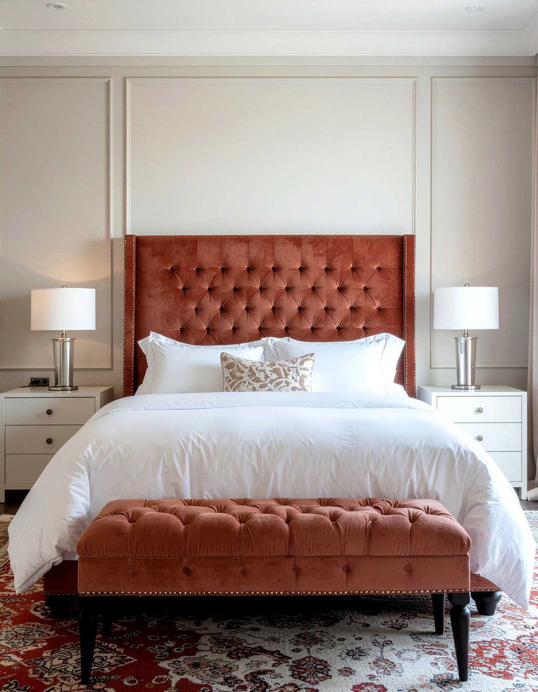 Rust upholstered headboard - 30 rust bedroom ideas