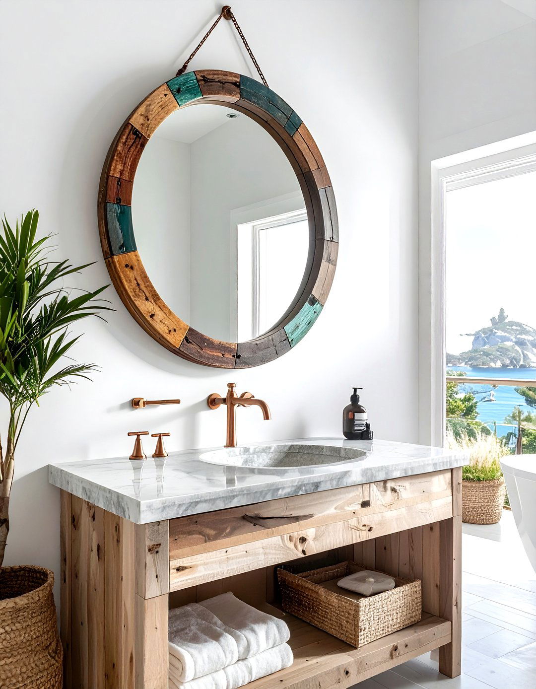 Rustic Boat Wood Mirror - 30 nautical bathroom ideas