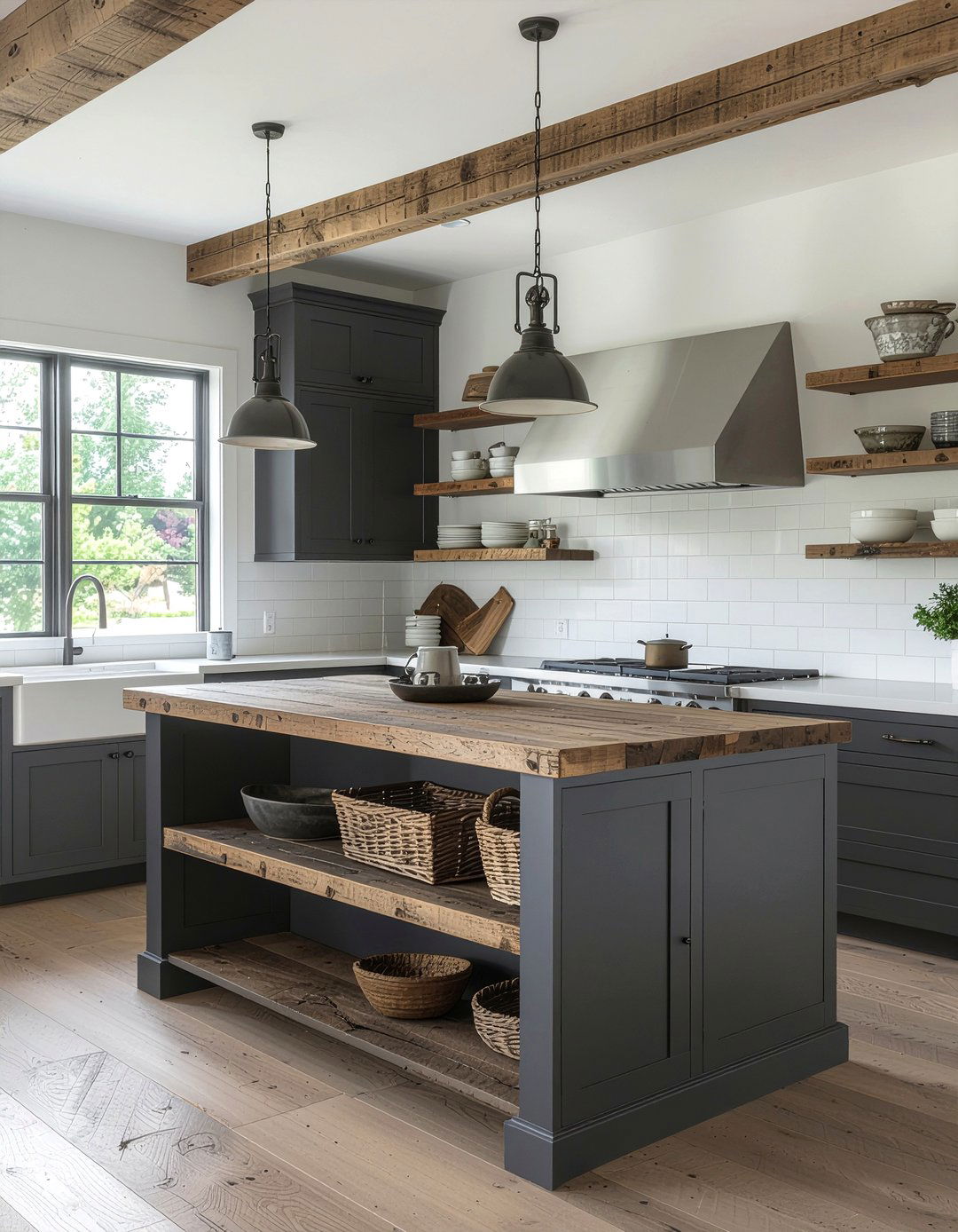 Rustic Dark Gray Kitchen With Open Shelving - 30 dark gray kitchen ideas