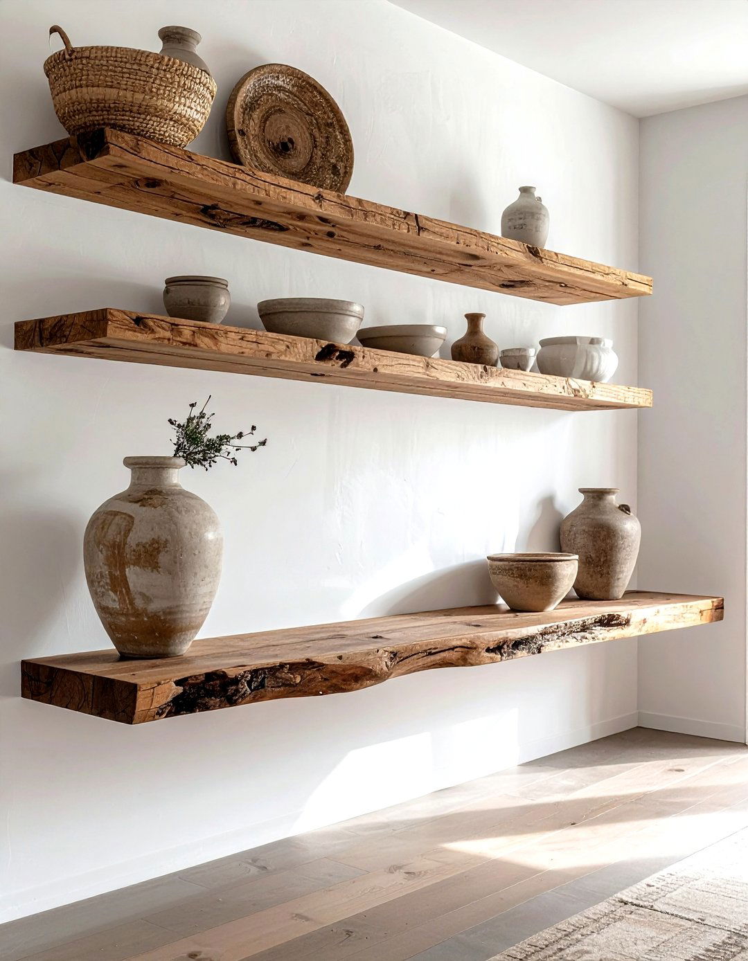 Rustic Floating Wood Shelf - 30 warm neutral dining room ideas