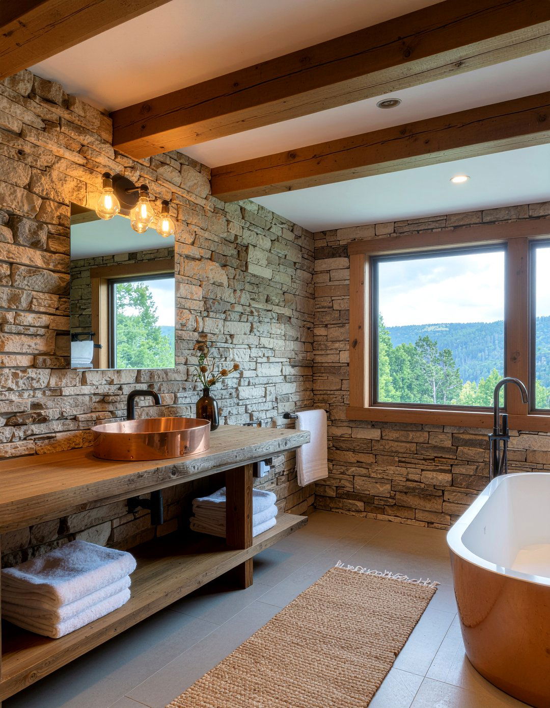 Rustic L shaped bathroom with stone walls - 30 L-shaped bathroom layout ideas