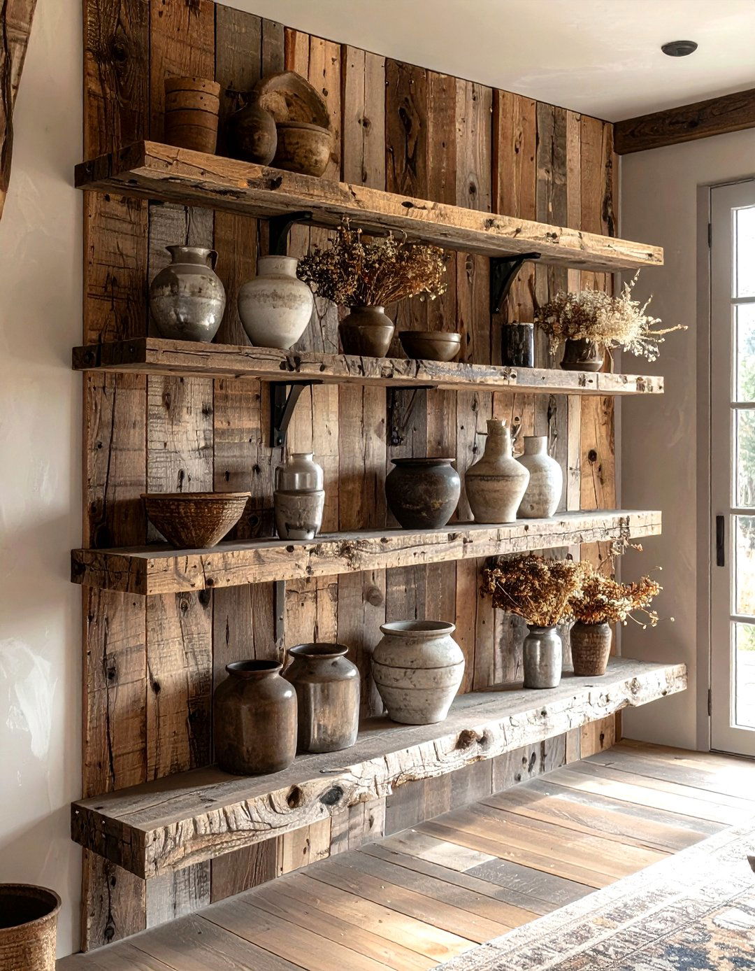Rustic Reclaimed Wood Shelves - 30 dining room corner shelving ideas