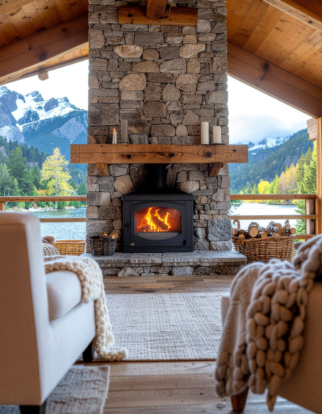 Rustic Stone Fireplace - 30 lake house living room ideas