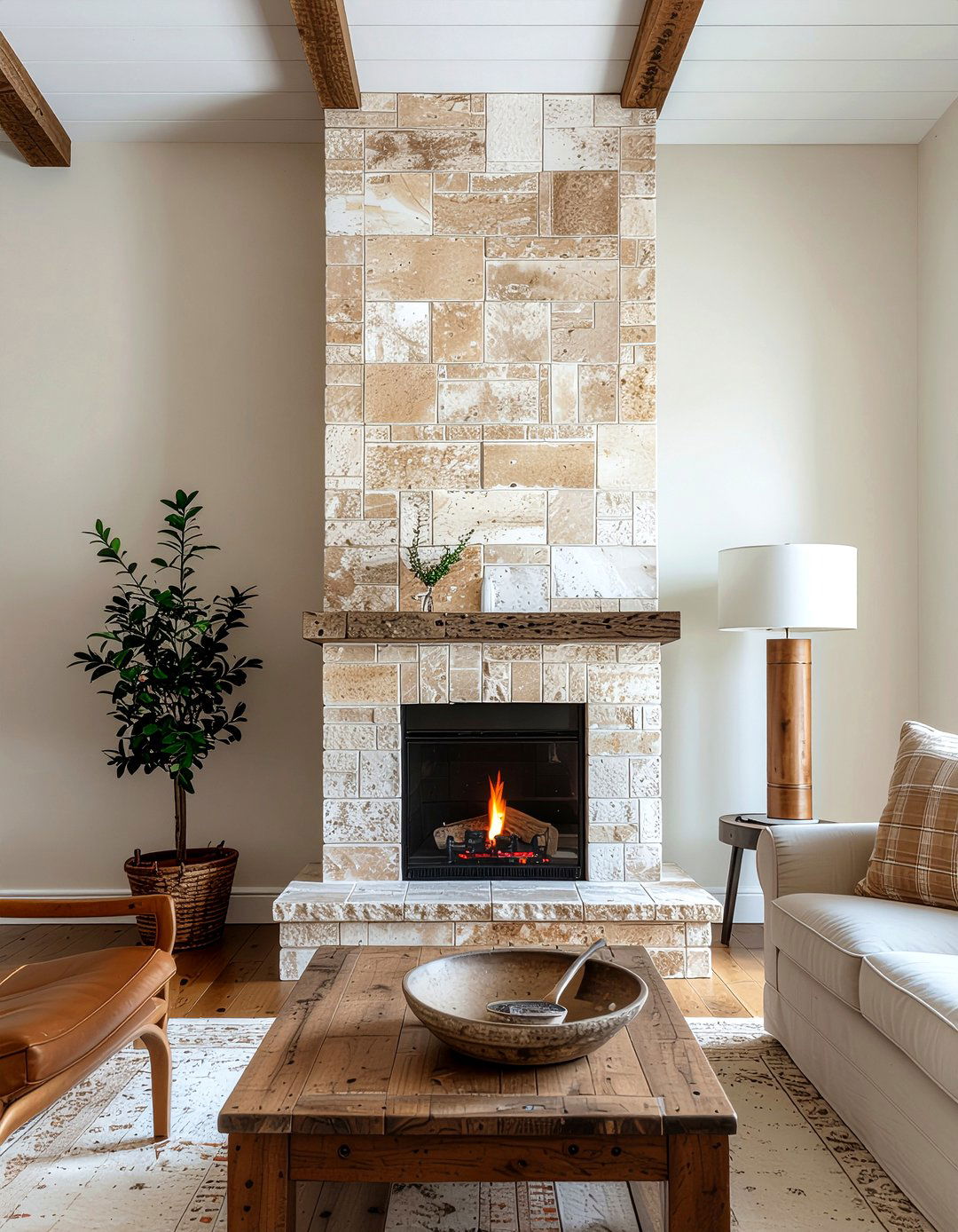 Rustic Travertine Tile - 30 living room fireplace tile ideas