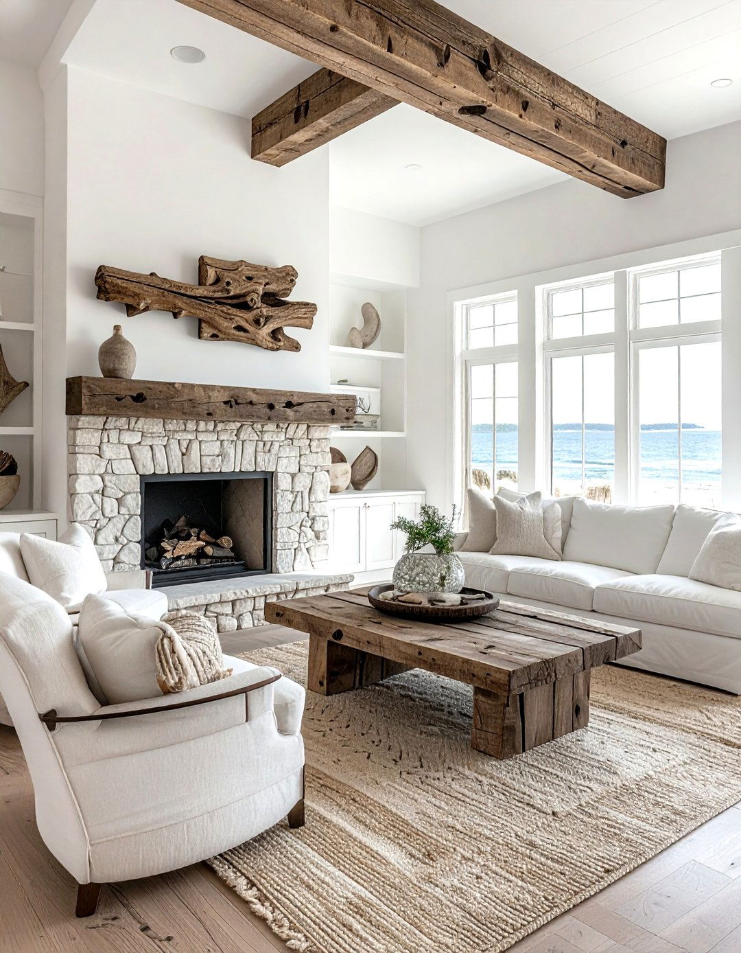 Rustic White Coastal Living Room - 30 coastal white living room ideas