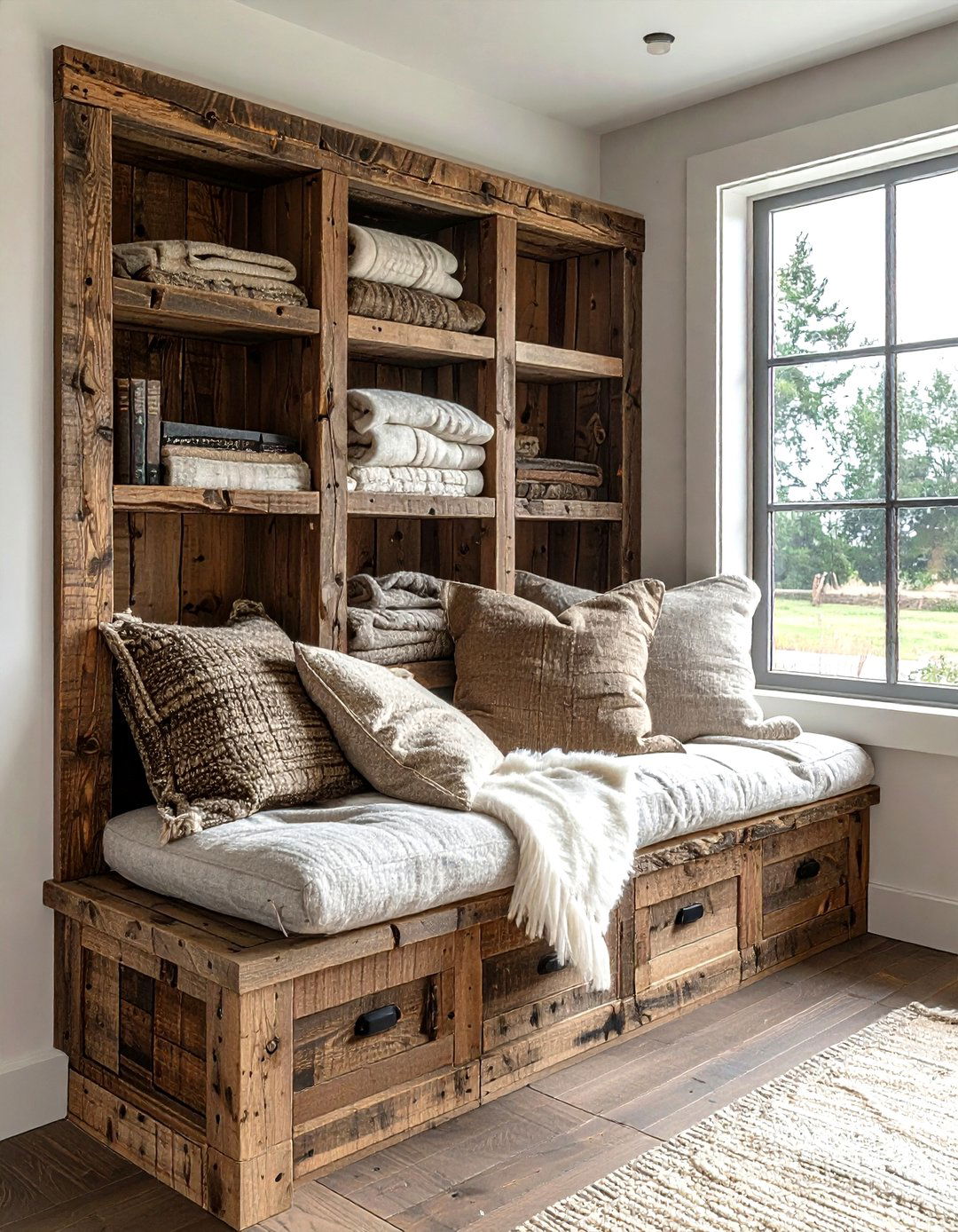 Rustic Window Seat With Cubbies - 30 living room window seat storage