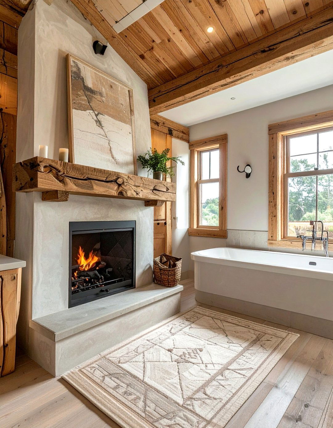 Rustic Wood Beam Bathroom Fireplace - 30 bathroom with fireplace ideas