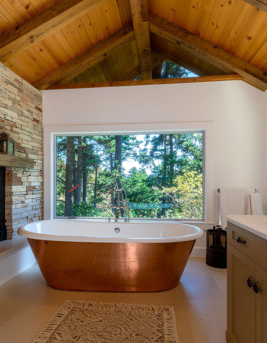 Rustic Wood Beam Ceiling With Copper Tub - 30 freestanding tub with fireplace ideas