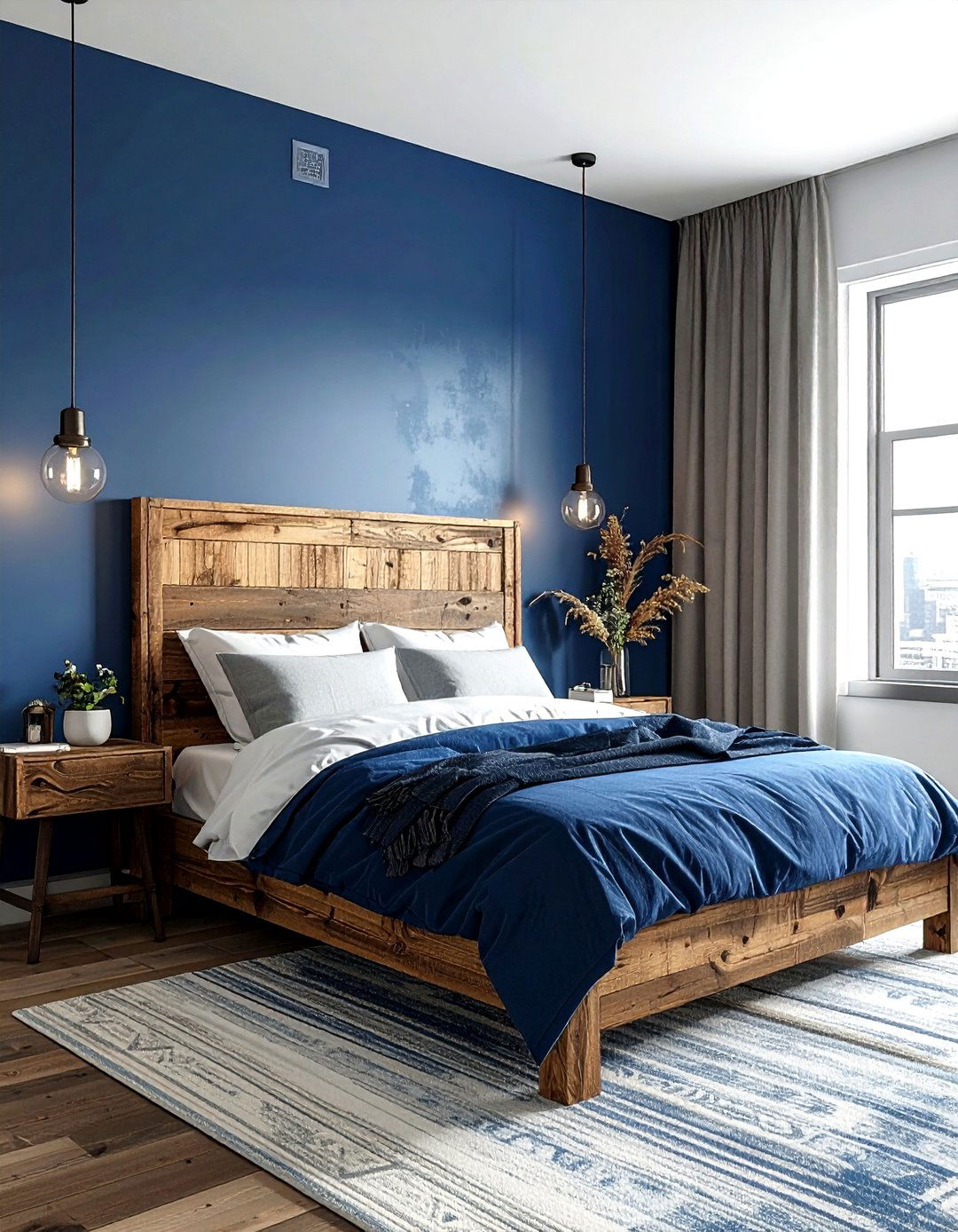 Rustic Wood Blue Wall - 30 industrial blue bedroom ideas