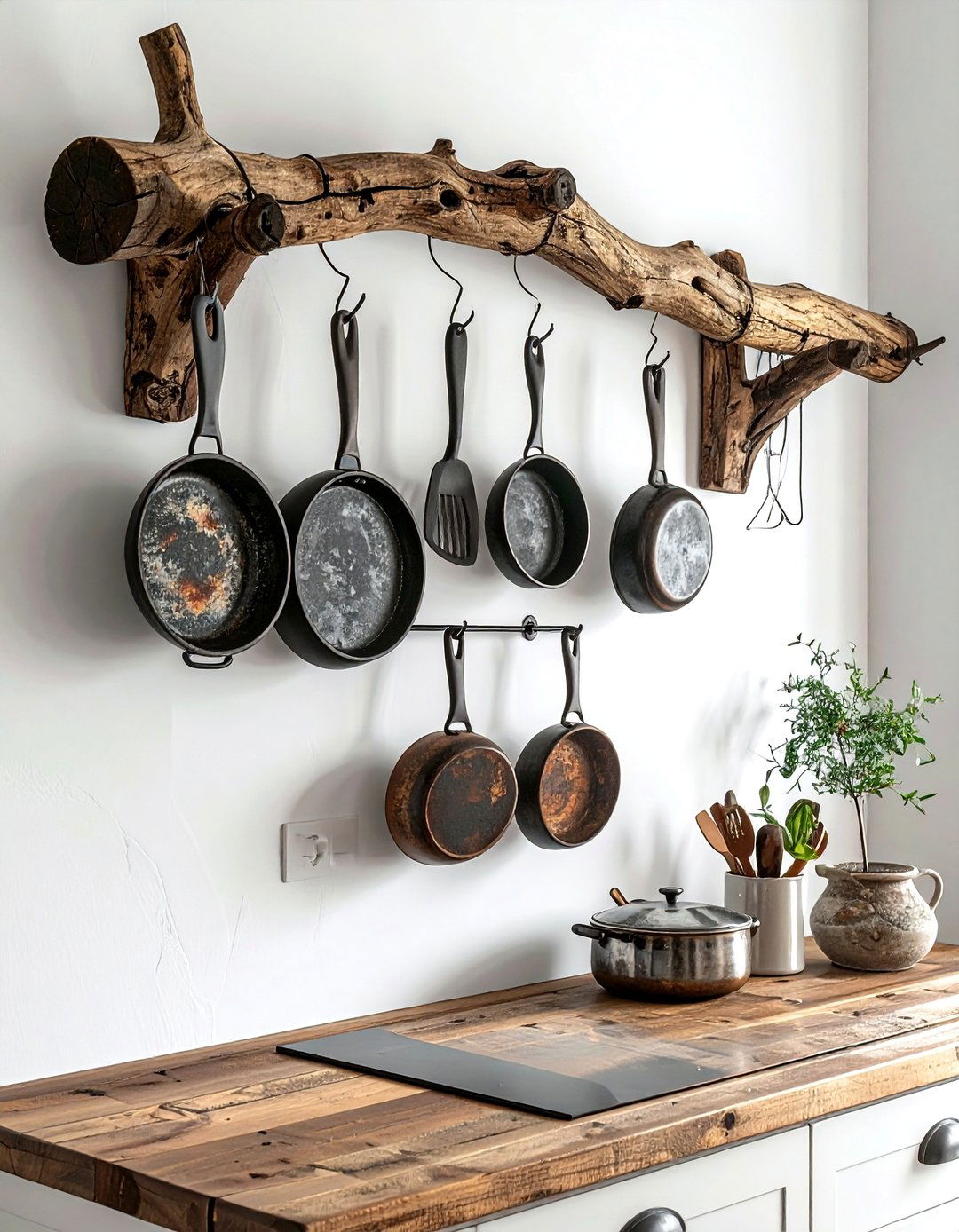 Rustic Wood Branch - 30 wall pot rack kitchen ideas