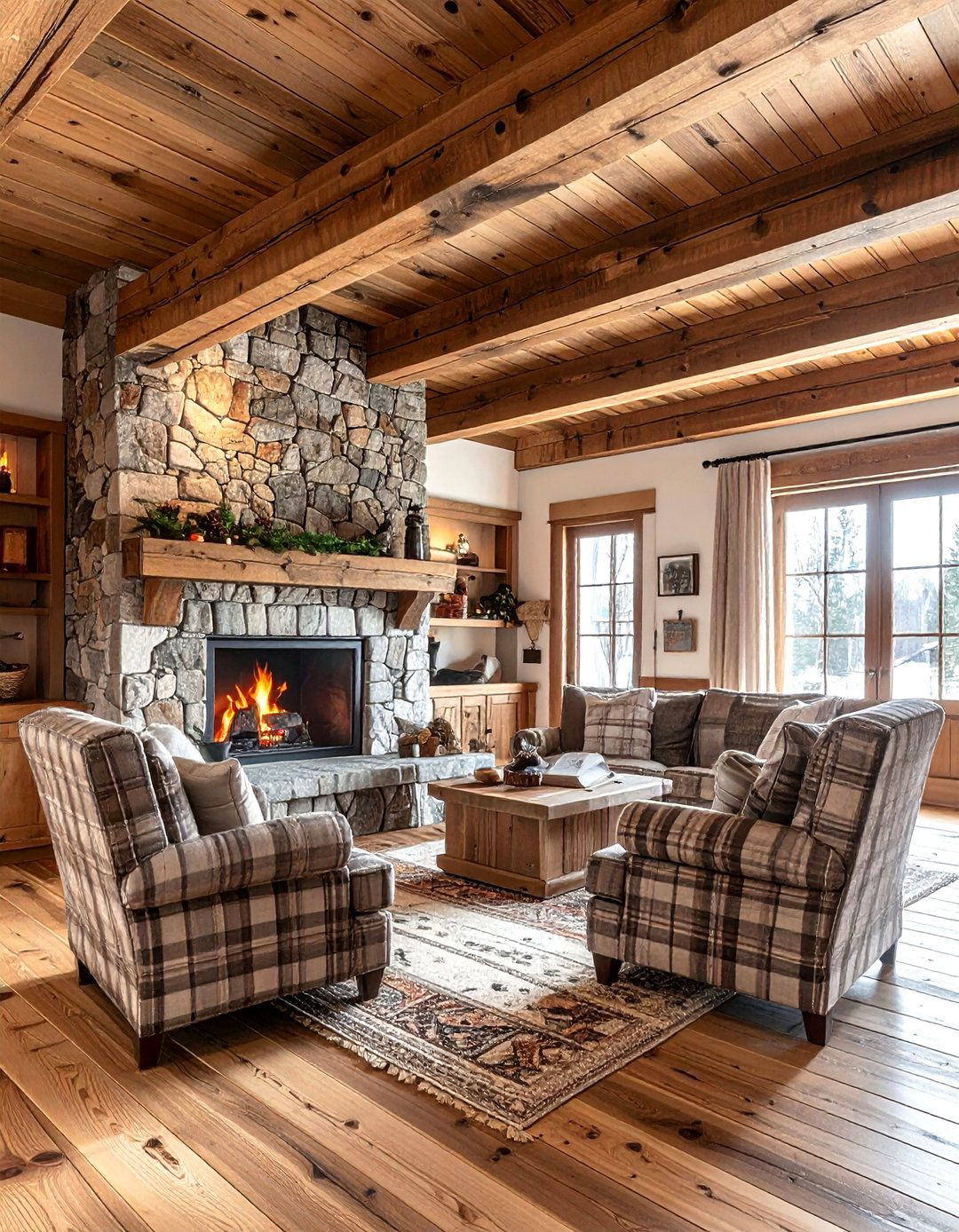 Rustic Wood Ceiling - 30 living room wallpapered ceiling ideas
