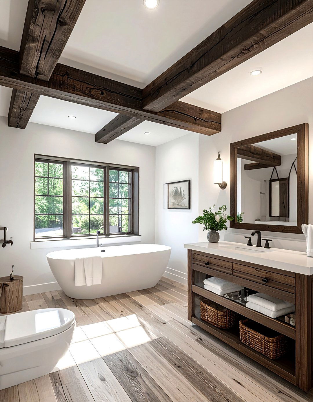 Rustic Wood Ceiling Beams - 30 modern farmhouse bathroom ideas