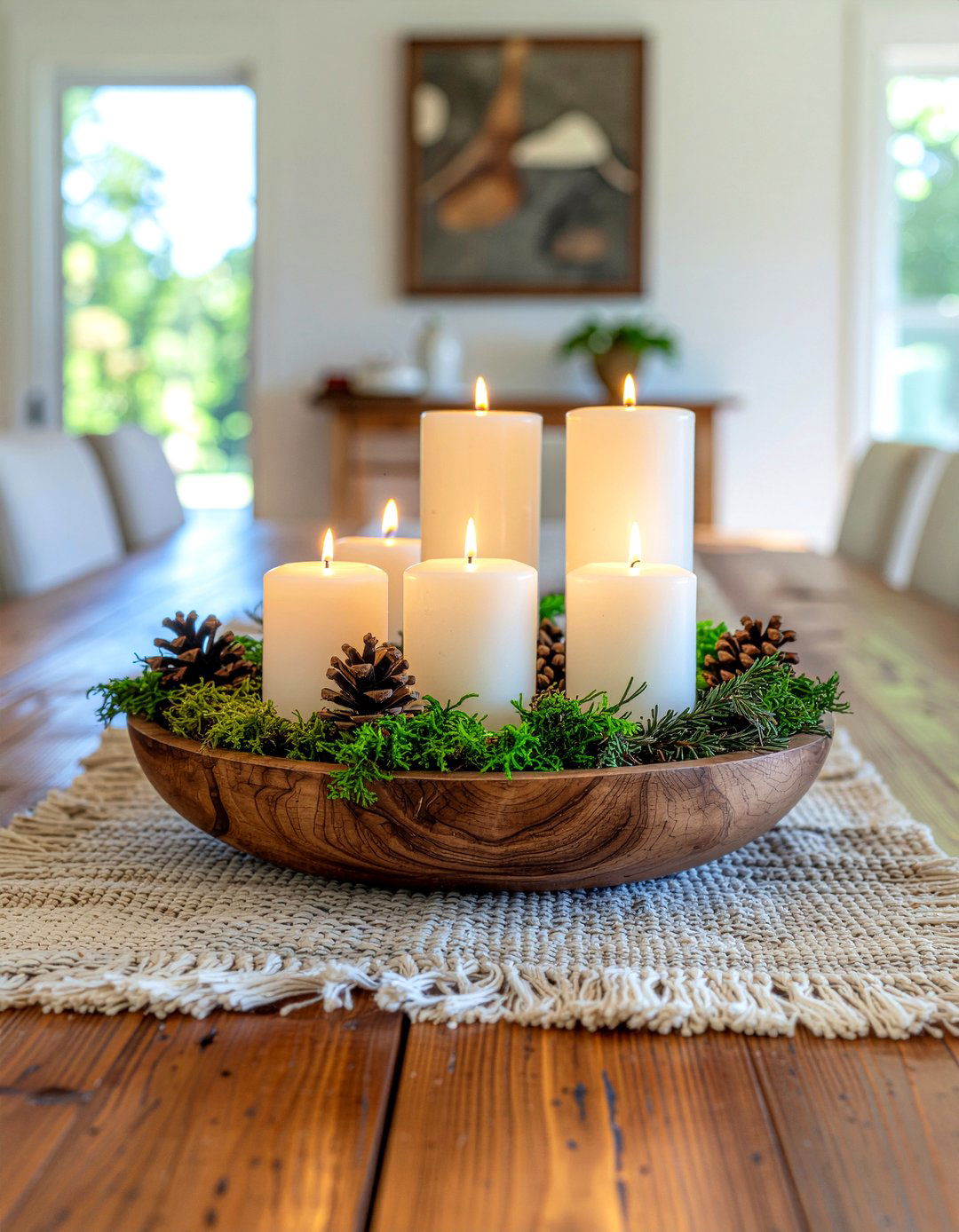 Rustic Wood Dough Bowl Centerpiece - 30 candlelit dining room ideas