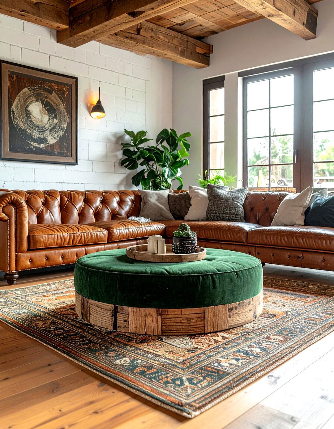 Rustic Wood Green Ottoman - 30 industrial green living room ideas