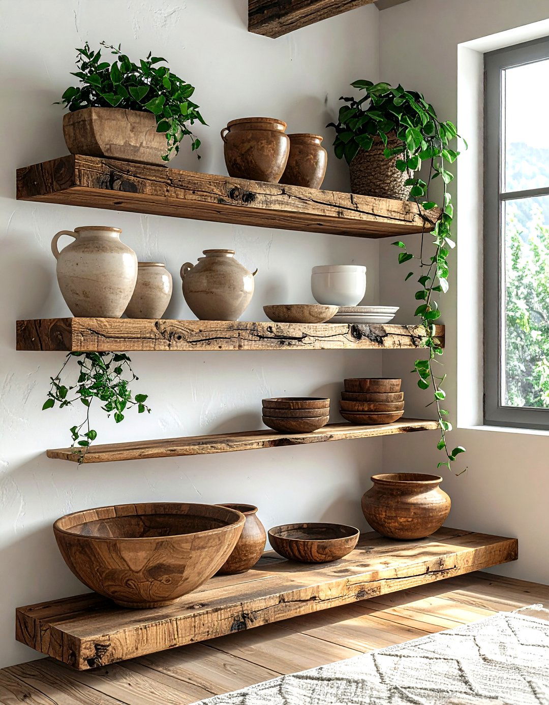 Rustic Wood Shelves - 30 cheap kitchen ideas