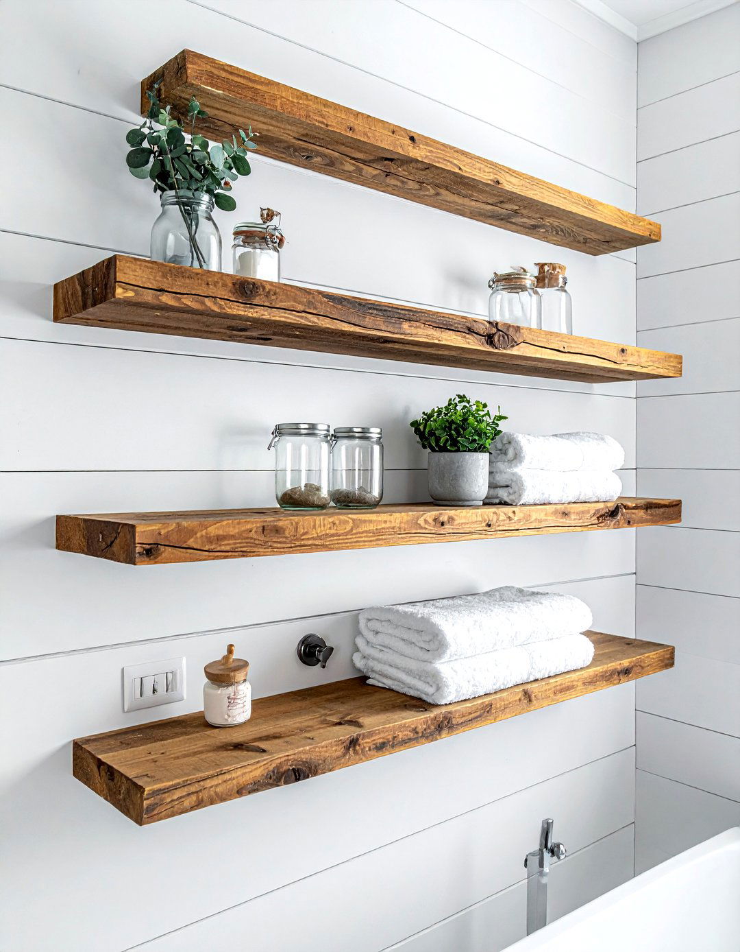 Rustic Wood Shelving - 30 farmhouse bathroom ideas