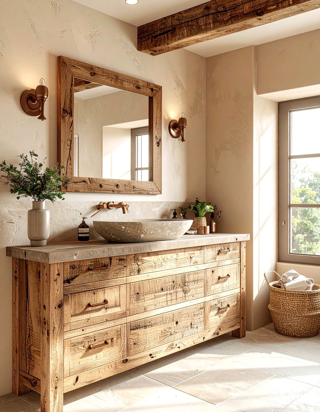 Rustic bathroom with reclaimed wood vanity - 30 bathroom furniture arrangement