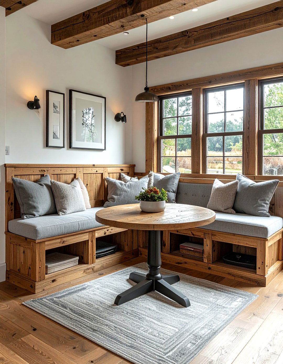Rustic breakfast nook with built in bench - 30 rustic home decor ideas