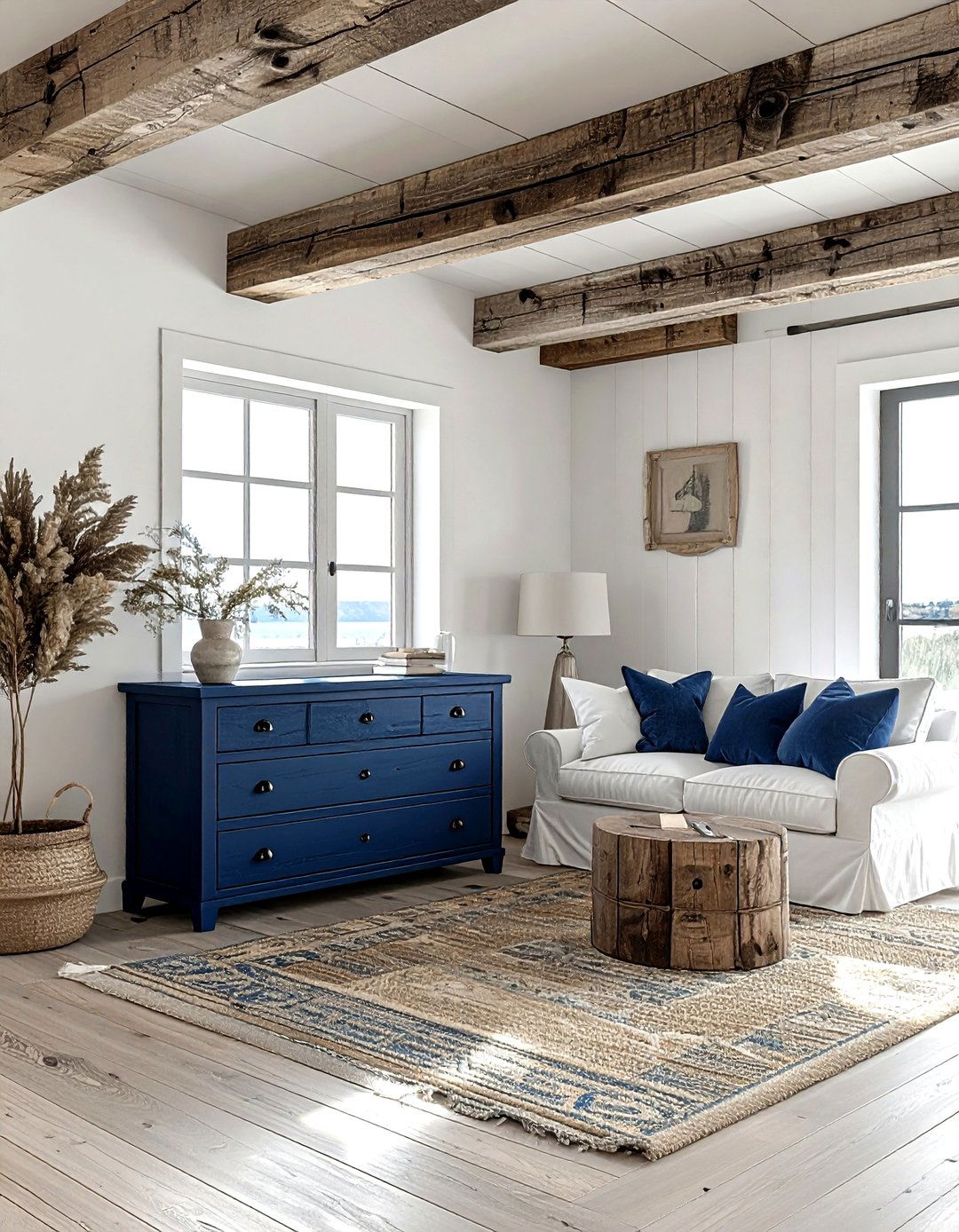 Rustic coastal navy - 30 coastal navy living room ideas