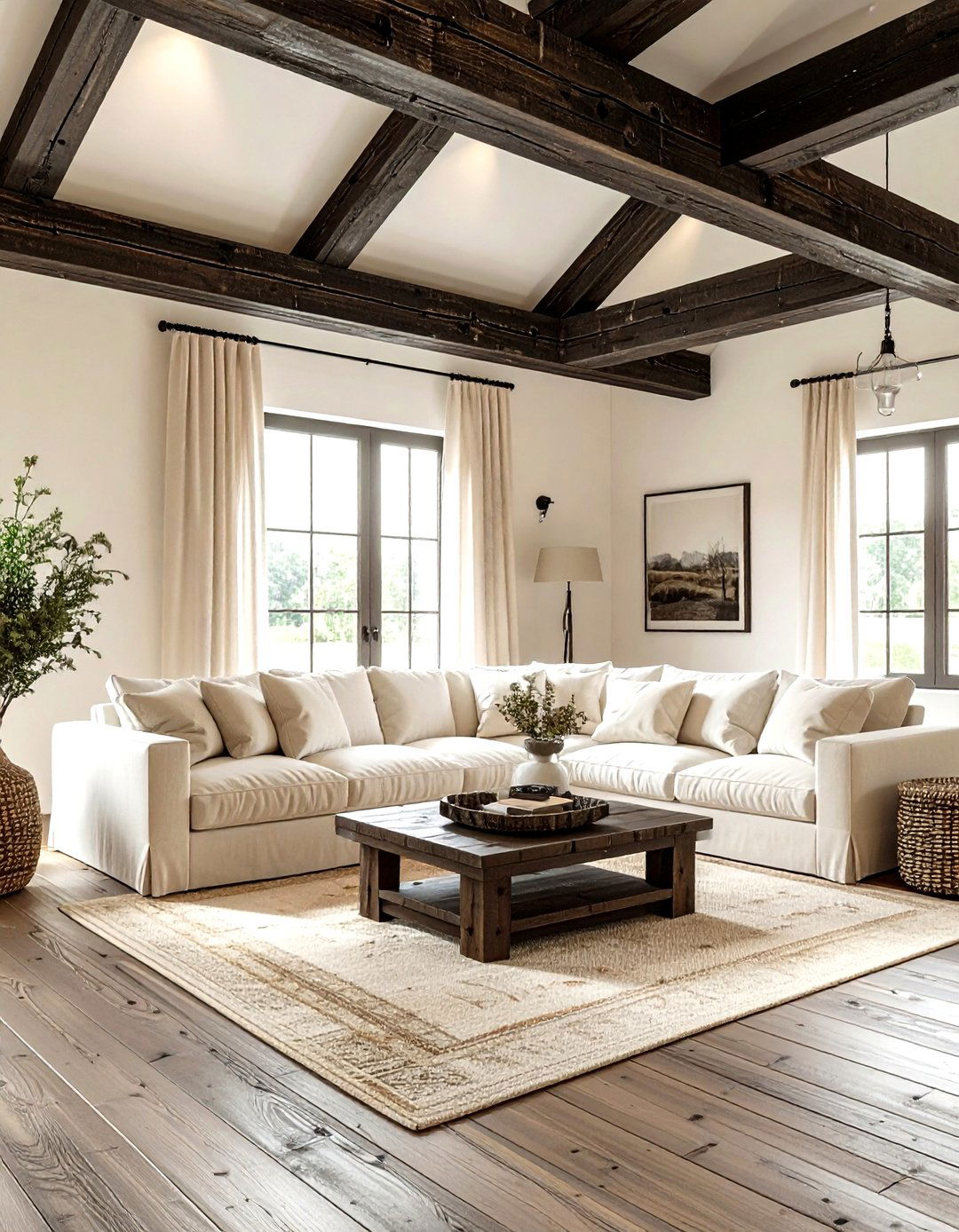 Rustic cream living room wood beams - 30 farmhouse cream living room ideas