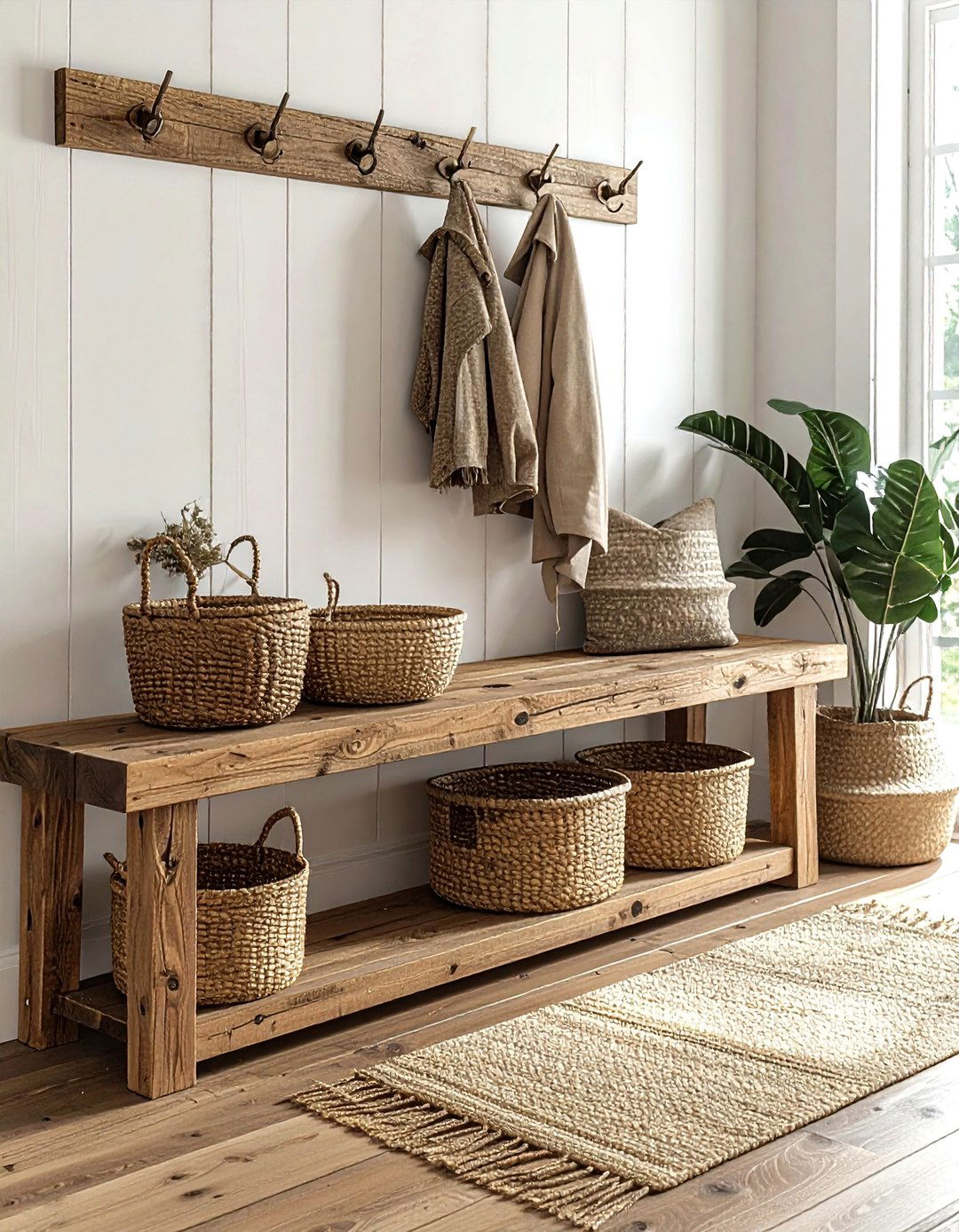 Rustic entryway with wooden mudroom bench - 30 rustic home decor ideas