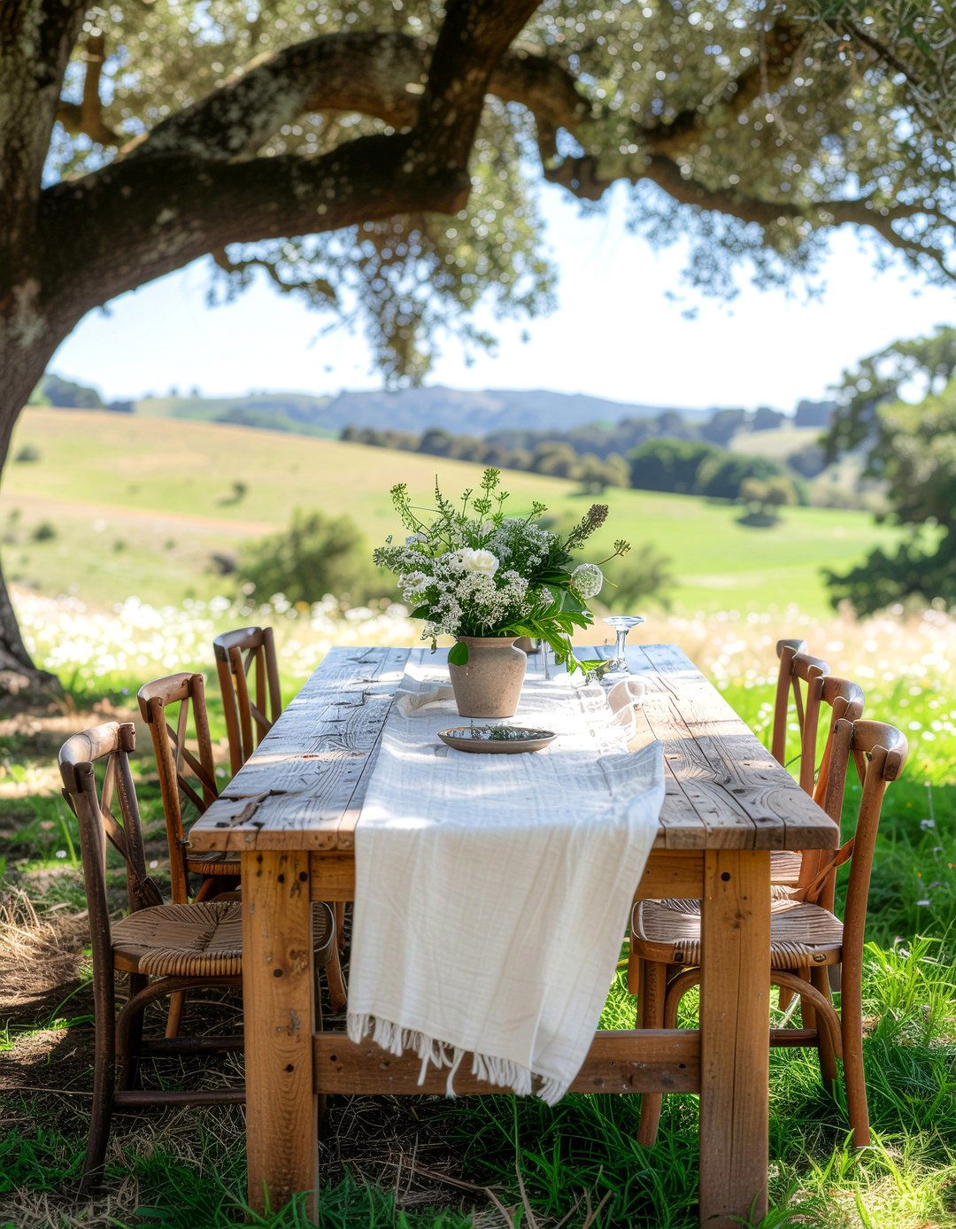 Rustic farmhouse table in garden - 30 garden dining ideas