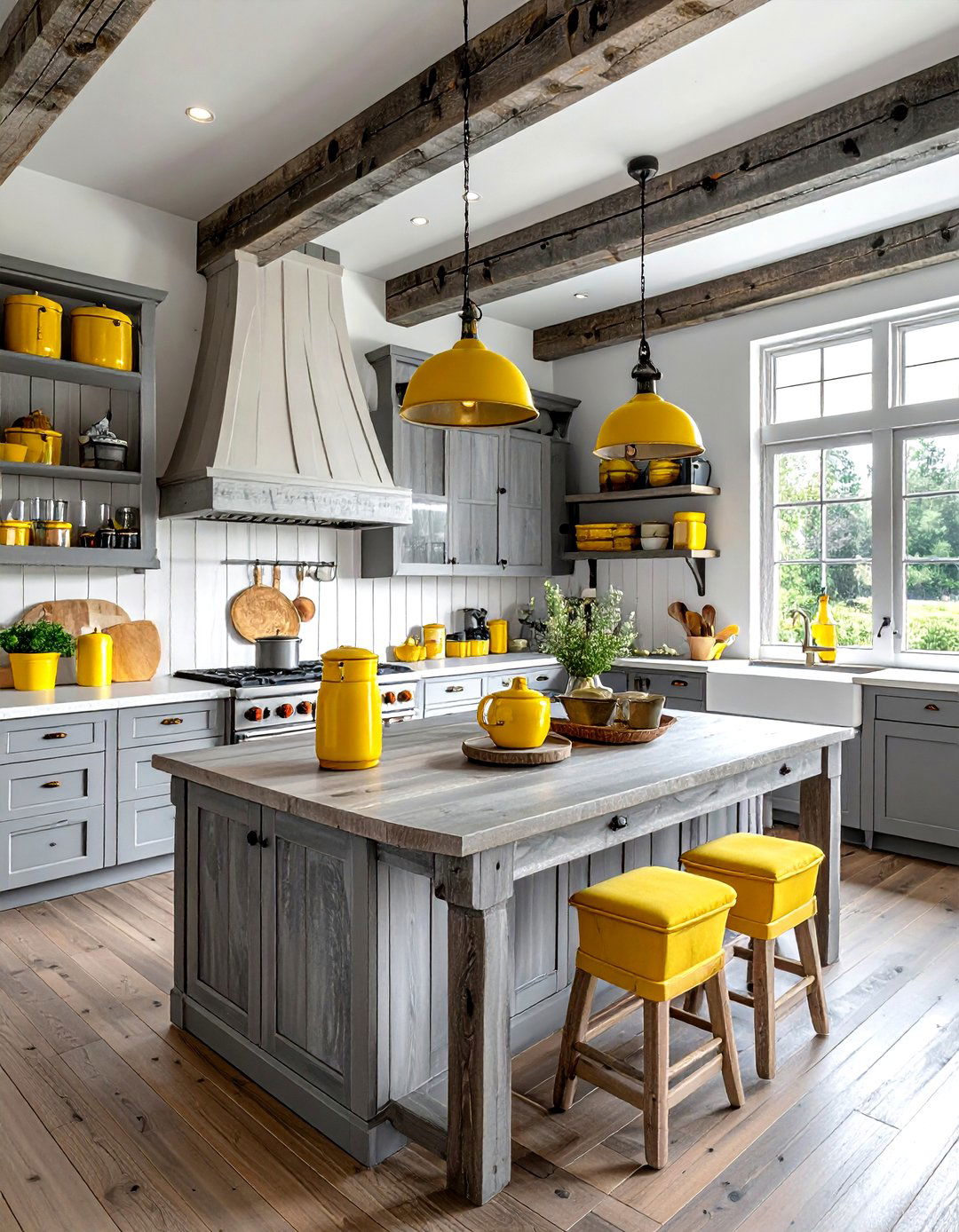 Rustic gray wood kitchen with yellow decor - 30 gray and yellow kitchen ideas