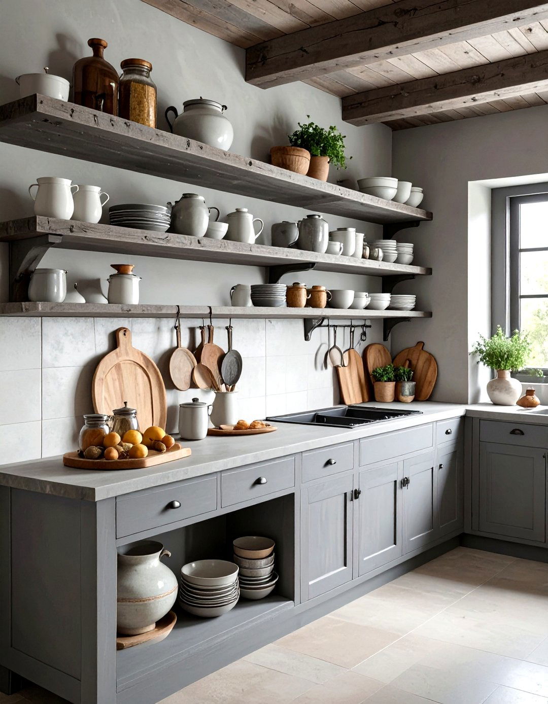 Rustic grey kitchen with open shelf decor - 30 grey kitchen accessories ideas
