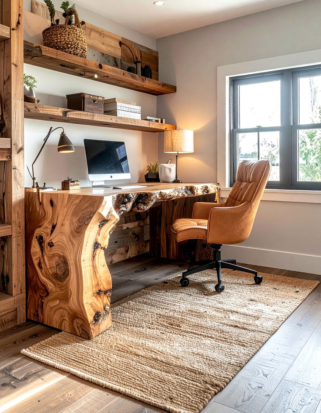 Rustic home office with live edge desk - 30 rustic home decor ideas