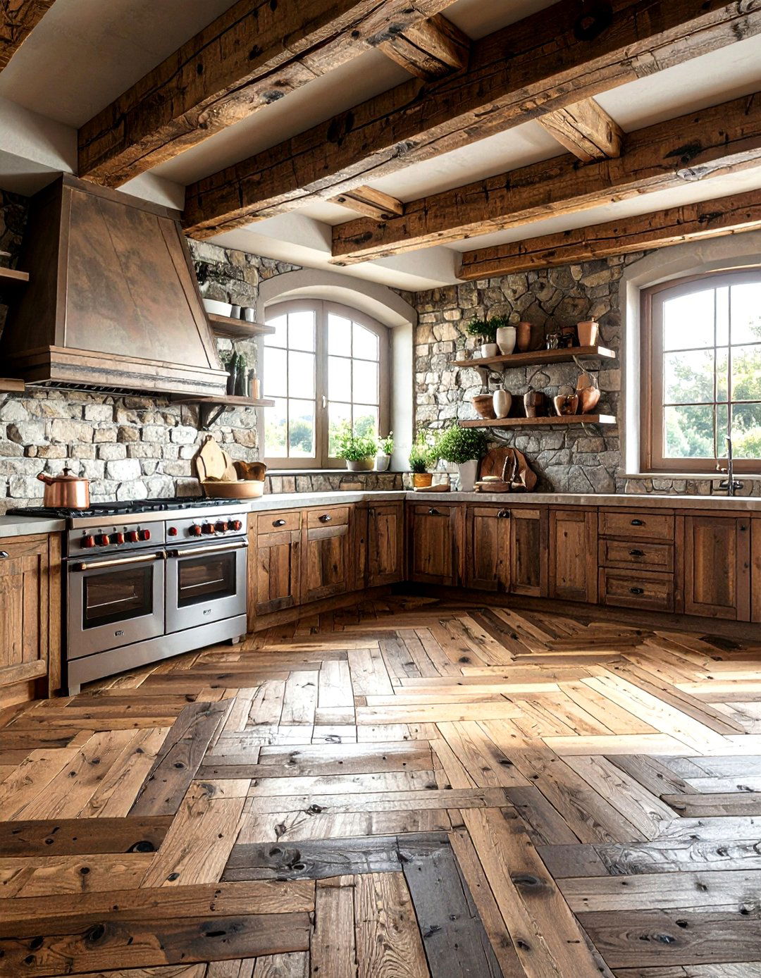 Rustic kitchen reclaimed oak herringbone - 30 herringbone floor kitchen ideas