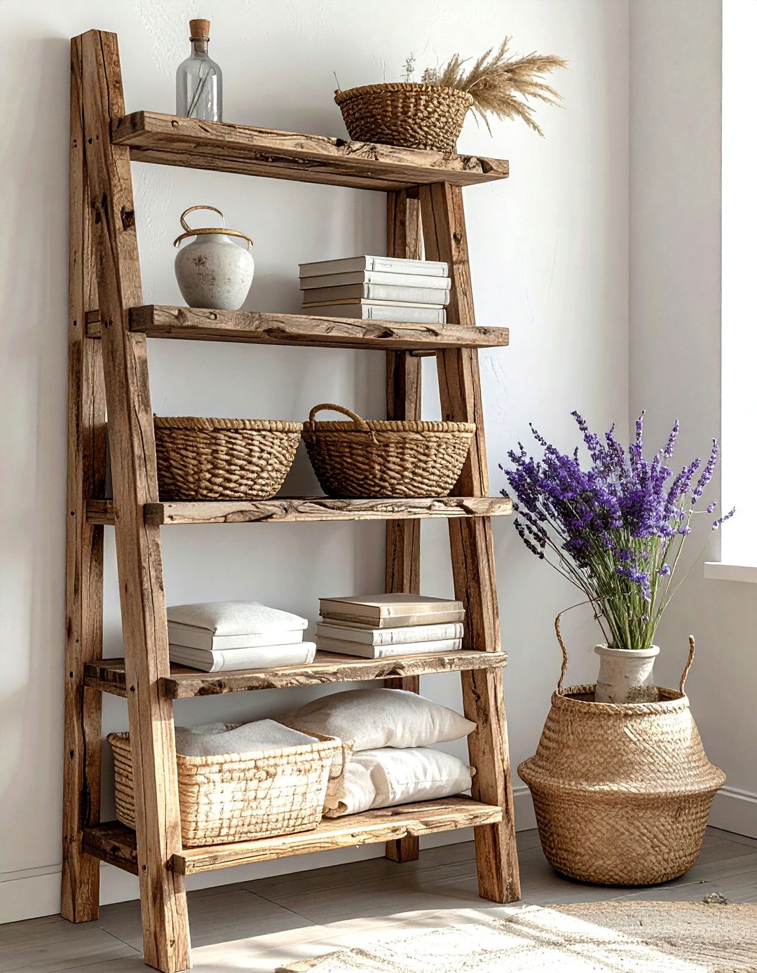Rustic ladder shelf - 30 living room ladder shelf ideas
