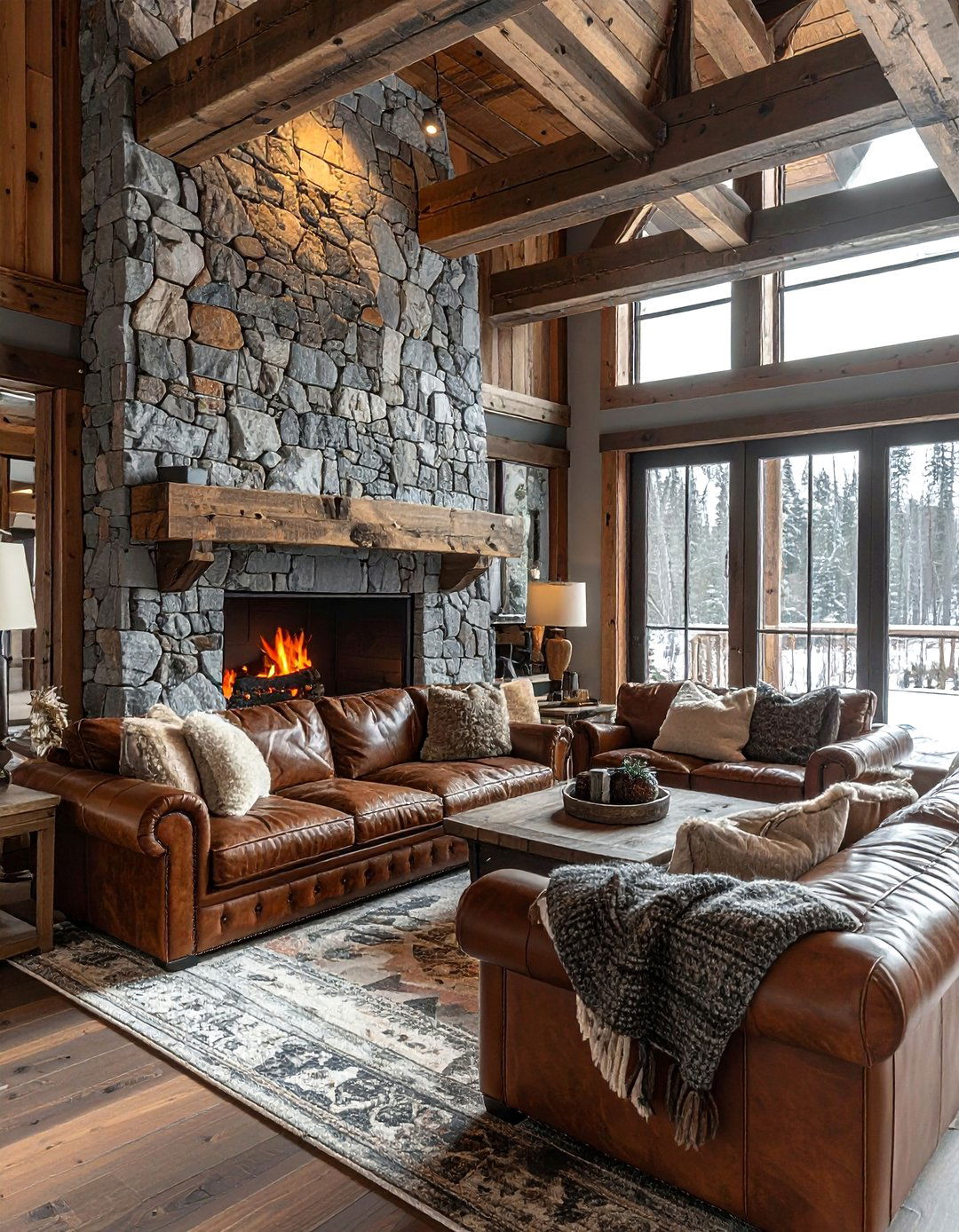 Rustic living room with stone fireplace - 30 rustic home decor ideas