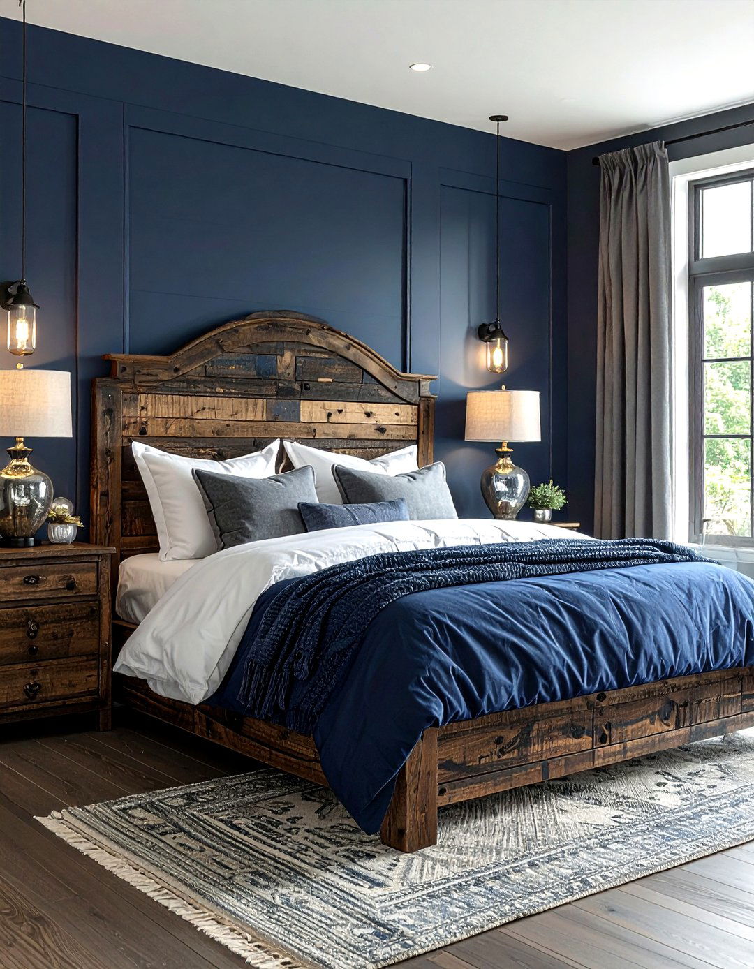 Rustic navy wood headboard - 30 farmhouse navy bedroom ideas
