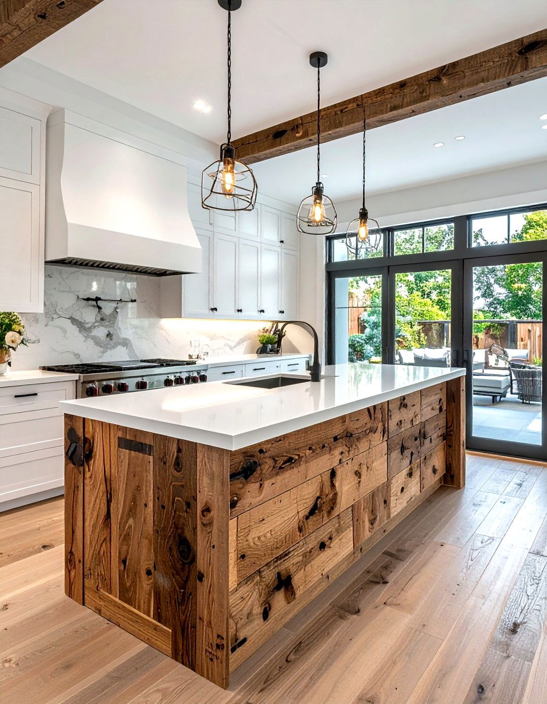 Rustic oak waterfall island - 30 waterfall countertop kitchen ideas