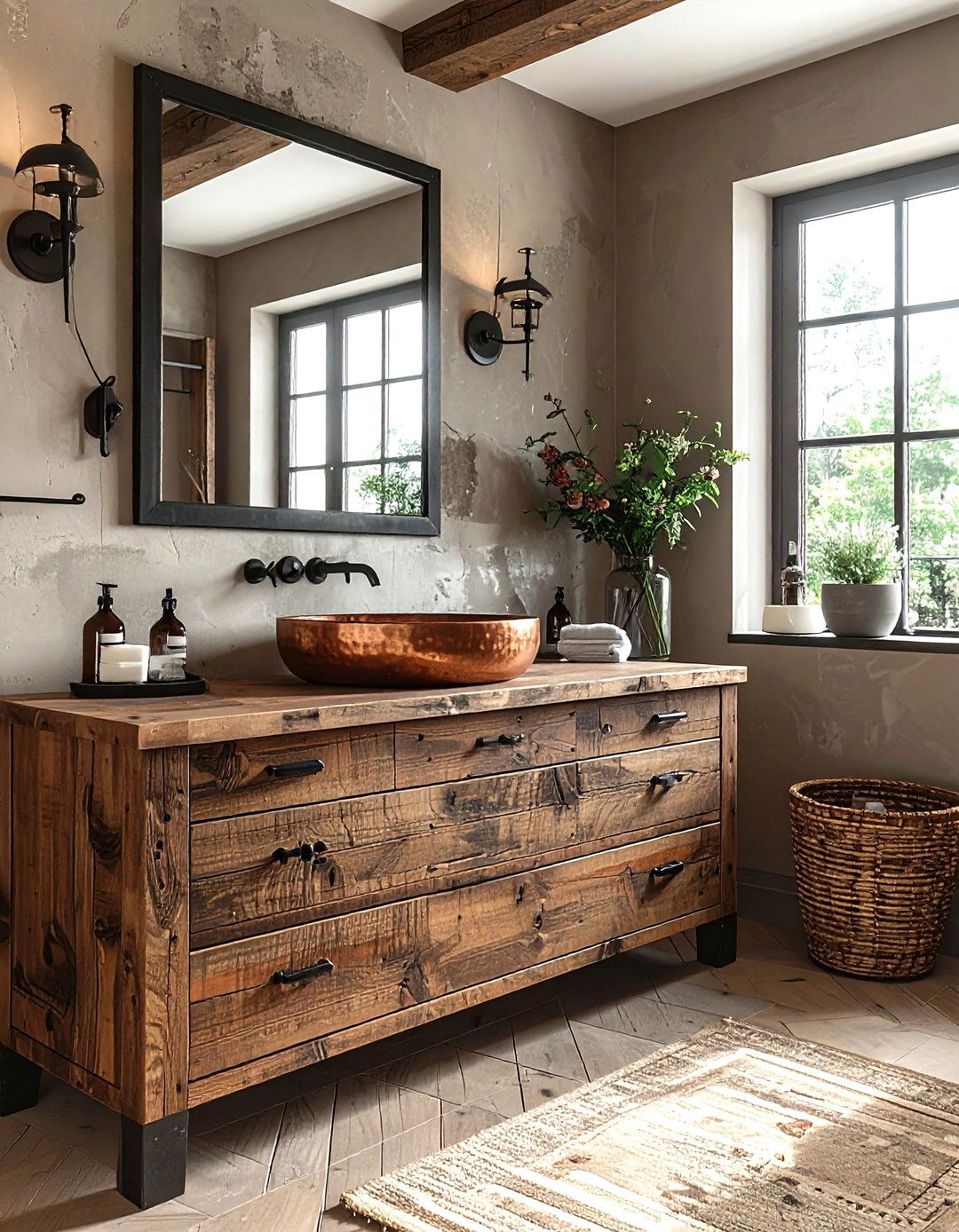 Rustic powder room with copper vessel sink - 30 rustic home decor ideas