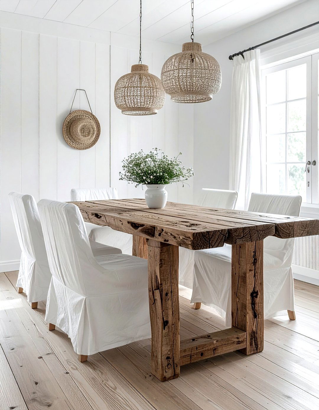 Rustic reclaimed wood table white walls - 30 brown and white dining room ideas